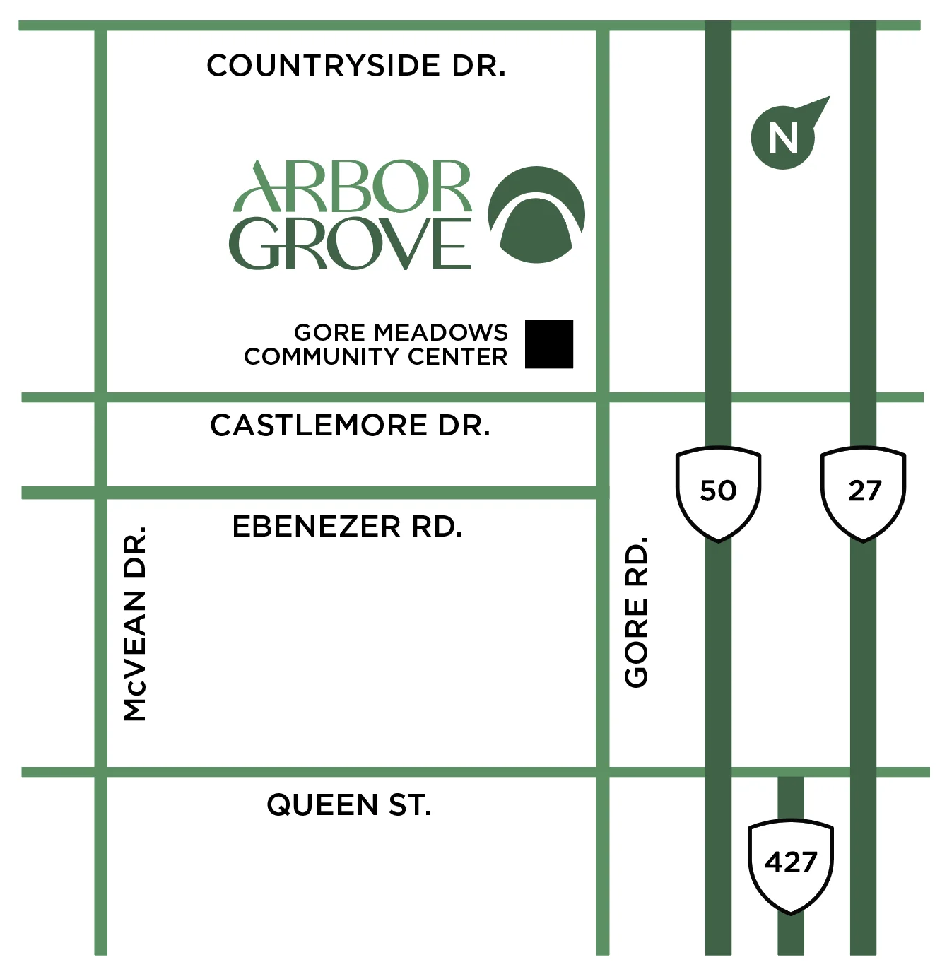 Arbor Grove Towns key map showing proximity to major roads and landmarks in Brampton Ontario